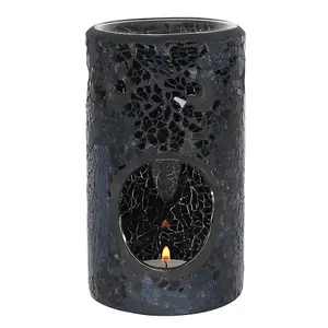 Black Glass Pillar Shaped Oil, Wax Melt Burner. Mirrored Crackle Effect. H14.5 cm