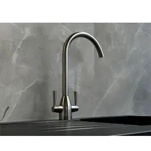 Liquida W05BN Swan Neck Monobloc Twin Lever Brushed Nickel Kitchen Mixer Tap