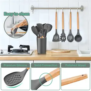 Kitchen Utensils Set,  25 Pieces Soft Silicone Cooking Utensil Set With Holder, Natural Wooden Handle Kitchen Spatula Spoon For Cooking Baking, Non Stick & Heat Resistant, Black Grey