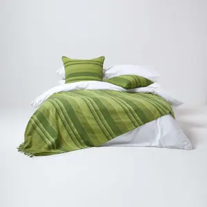 Homescapes Cotton Morocco Striped Green Throw, 150 x 200 cm