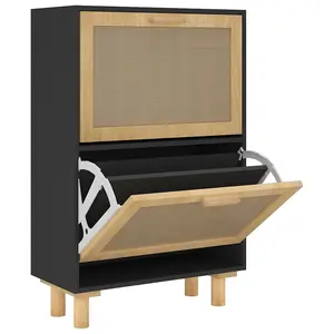 Berkfield Shoe Cabinet Black 52x25x80 cm Engineered Wood&Natural Rattan