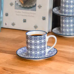 Nicola Spring Hand-Printed Espresso Cup & Saucer Set - Japanese Style Porcelain Tea Coffee Crockery Cups - 65ml - Navy