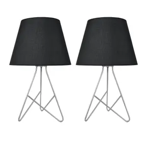 First Choice Lighting Set of 2 Tripod Silver 42cm Table Lamps With Black Fabric Shades