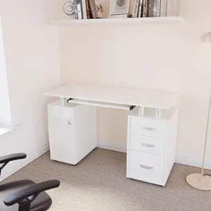 Vida Designs Otley White 3 Drawer Computer Desk With Shelves and Keyboard Tray