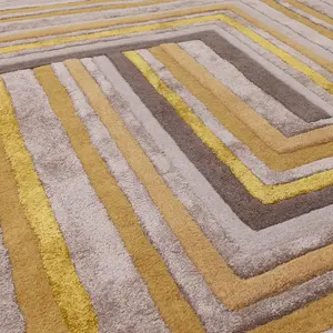 Gold Striped Wool Handmade Luxurious Modern ,Abstract Optical/ (3D) Rug Easy to clean Living Room and Bedroom-200cm X 290cm