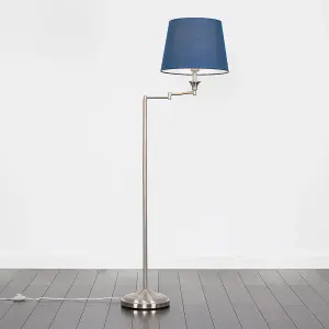 ValueLights Sinatra Adjustable Swing Arm Floor Lamp In Brushed Chrome Finish with Blue Tapered Light Shade with LED GLS Bulb