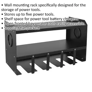 Efficient Wall Mounted Power Tool Storage Rack with 5 Open Bays and 2 Shelves