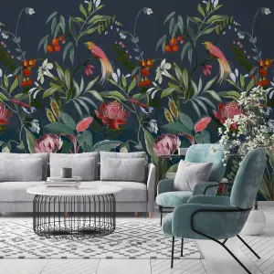 Botanical Flowers and Birds 3 lane Repeatable Wallpaper Mural, Deep Turqiouse