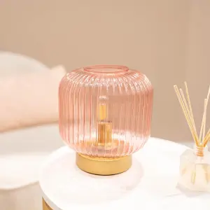 ValueLights Monroe Blush Pink Ribbed Glass Portable Cordless Battery Powered Table Lamp Bedside Light