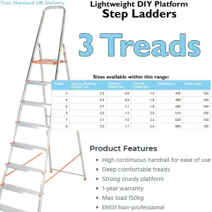 0.6m Lightweight Aluminium Platform Step Ladders 3 Tread Anti Slip DIY Steps