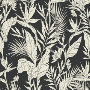 Grandeco Glistening Lucia Tropical Foliage Blown Vinyl Wallpaper, Black