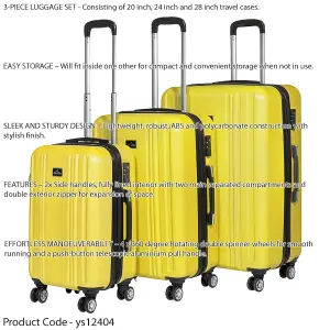 3-Piece Lightweight ABS Luggage Set in Yellow - Stylish Travel Suitcases