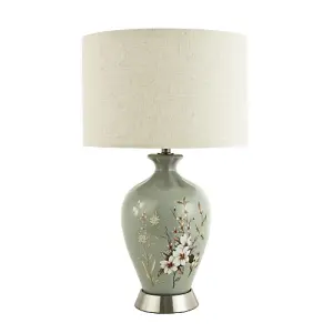 Traditional Ceramic Lamp Base in Dusty Duck Egg with Foliage and Floral Decor