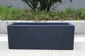 Set of 2 IDEALIST 80cm Garden Trough Dark Grey Reinforced Stone Rectangular Planter, Outdoor Large Plant Pots H37 L80 W37 cm, 111L