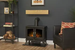 Adam Oak Beam, Hearth & Stove Pipe with Woodhouse Stove in Black