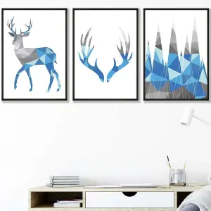 Set of 3 Geometric Bright Blue Grey Stags Set Wall Art Prints / 42x59cm (A2) / Black Frame