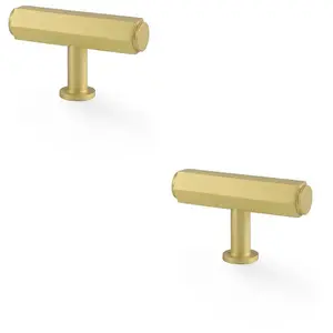 2 PACK - Industrial Hex T Bar Cabinet Door Knob - 55mm x 38mm - Satin Brass Pull Handle