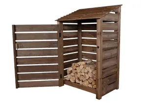 Slatted wooden log store with door W-119cm, H-180cm, D-88cm - brown finish