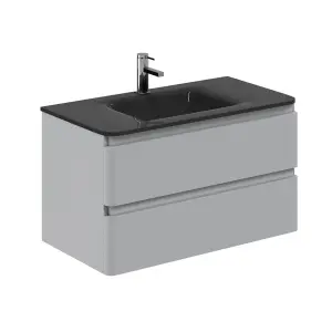 Marvel 900mm Wall Hung Bathroom Vanity Unit in Light Grey Gloss with Grey Glass Basin