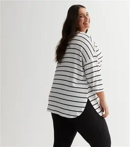 New Look Women's Plus Size White Stripe Fine Knit 3/4 Sleeve Batwing Top Curves - M