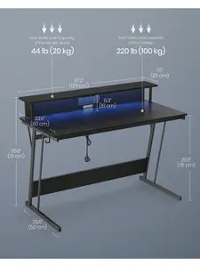 VASAGLE Gaming Desk With LED Lights And Built-In Power Outlets, Computer Desk With Monitor Shelf, Gaming Table For 2 Monitors