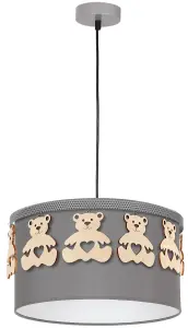 Milagro Mis Grey Pendant Lamp 1XE27 Beautifully Hand Made From Contemporary Grey Fabric With Natural Wooden Teddybears