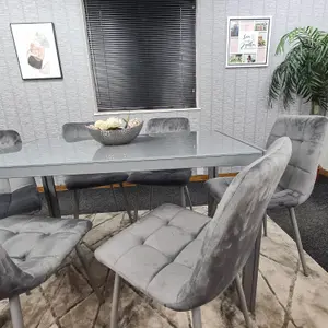 Grey Dining Table and 4 Grey Velvet Chairs Kitchen Dining Set of 4 Glass Table