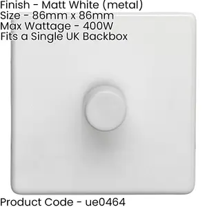 1 Gang Rotary Dimmer Switch 2 Way LED SCREWLESS MATT WHITE Light Dimming Wall