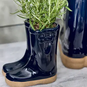 Midnight Blue Wellington Boot Ceramic Indoor Outdoor Flower Pot Garden Planter Pot