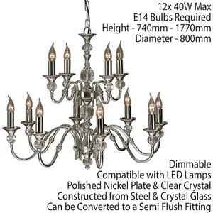 Diana Ceiling Pendant Chandelier Bright Nickel & K9 Crystal Curved 12 Lamp Light