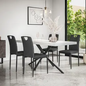 Donni Dining Table And Chairs -  White Marble Effect Table Top w Black Legs + Monza Linen Dining Chair lSet Of 4 (Charcoal)