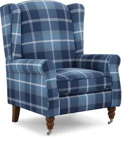 Dunelm Oswald Grande Check Wingback Armchair, Country, Blue, Navy Oswald Wingback, Textured Weave Fabric