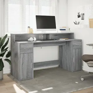 Berkfield Desk with LED Lights Grey Sonoma 160x55x91 cm Engineered Wood