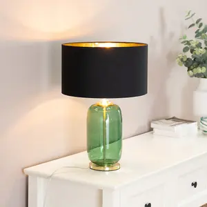 ValueLights Leigh Forest Green Glass and Gold Detail Table Lamp with Black/Gold Shade