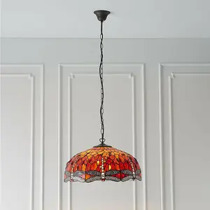 Tiffany Glass Hanging Ceiling Pendant Light Orange Dragonfly 3 Lamp Shade i00113