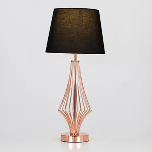 ValueLights Jaspa Modern Polished Copper Metal Wire Geometric Diamond Design Table Lamp with Black Tapered Shade