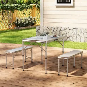 3Pcs Silver Aluminum Portable Folding Garden Camping Table and Benches Set 90 cm