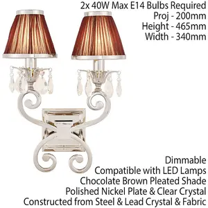 Esher Luxury Twin Curved Arm Traditional Wall Light Nickel Crystal Brown Shade