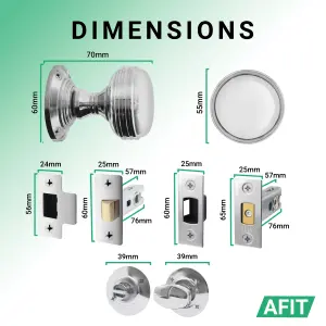 AFIT Lined Door Knob Set Polished Chrome - 1 Pair of Mortice Knobs (55mm), Latch & Deadbolt Kit (76mm) & Turn & Release for Inside