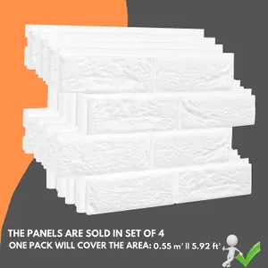 White Old Brick Effect Wall Panels Set of 4 Covers 5.81 ft² (0.54 m²) - Lightweight Styrofoam, Easy Install with Adhesive Included