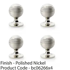 4 PACK - Reeded Ball Door Knob - 38mm Diameter Polished Nickel Lined Cupboard Pull Handle