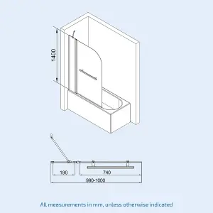 Nes Home 1000mm Curved Glass Bath Screen Swing Door & Towel Bar Chrome  Athens