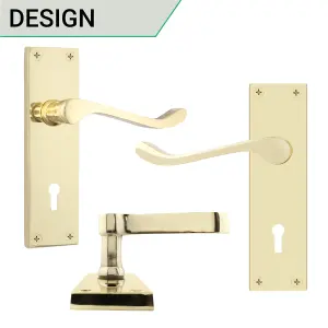 AFIT Polished Brass Victorian Scroll Door Handles for Key Lock - 1 Pair of Brass Internal Lever Lock Handles on Backplate