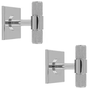 2 PACK - Knurled T Bar Cabinet Door Knob & Matching Backplate - Polished Chrome 40 x 40mm