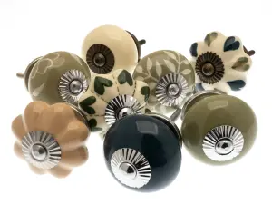 MangoTreeKnobs - Door Knobs in Sage Green, Mottled Brown and Brass Fretwork - Pack of 8 Cupboard Knobs