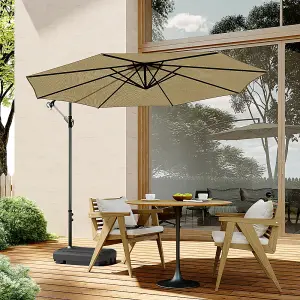 3M Large Rotatable Garden Sun Shade Cantilever Parasol Patio Hanging Banana Umbrella Crank Tilt with 60L Fillable Base, Khaki