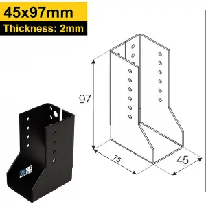 Single Heavy Duty 2mm Thick Black Concealed Joist Hanger for Gazebo Pergola or Carport - Pergola Connector 45x97mm