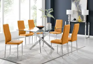 Furniturebox Leonardo 6 Seat Rectangular Glass Dining Table with Silver Metal Leg & 6 Mustard Milan Faux Leather Silver Leg Chairs