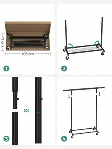 SONGMICS Clothes Rack On Wheels, Heavy Duty Clothes Rail, With Extendable Hanging Rail, 90 Kg Load Capacity, Black