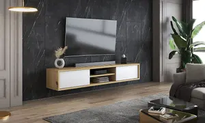 Elegant Frida 40 Floating TV Cabinet 1800mm in Oak Artisan & White - Modern Media Solution H320mm D360mm